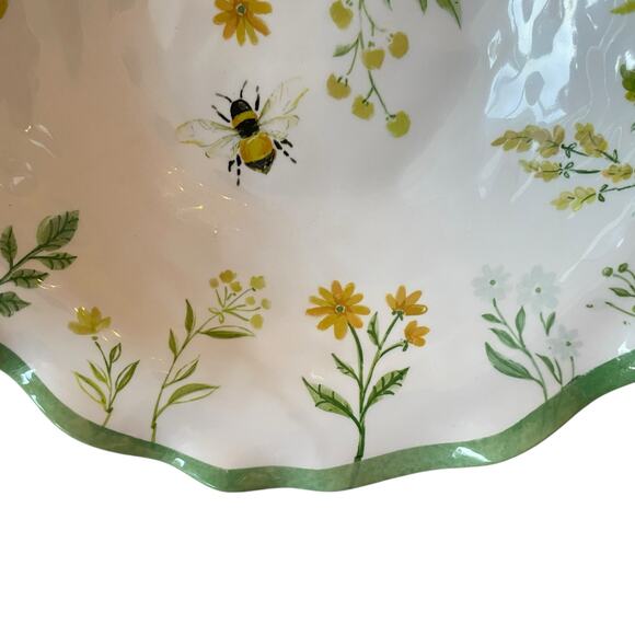 Shabby Chic Green Floral Bumblebee Melamine Serving Bowl 14" Round Scalloped NEW - Picture 12 of 13